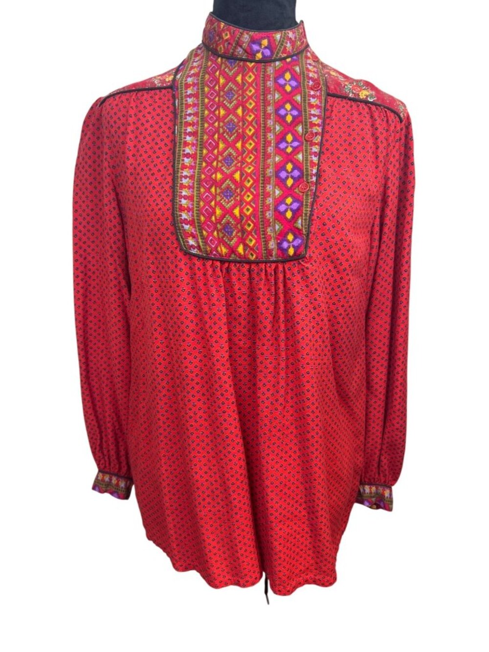 Vtg Michel Prairie Women's Blouse Red Floral Bohemian Peasant Cottagecore Top